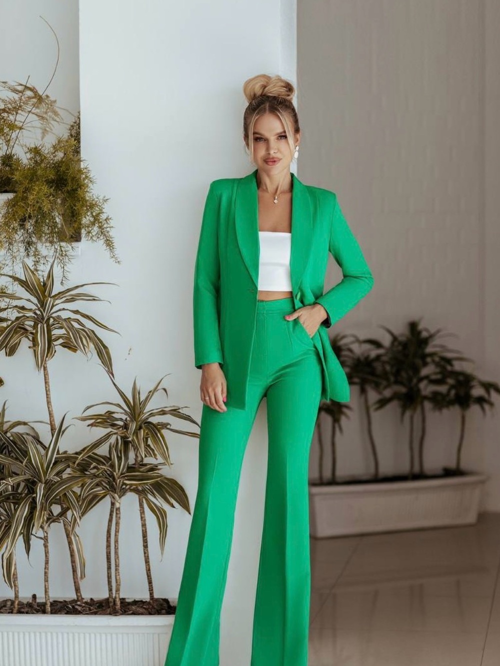 Women's Green Tailored Blazer & Flare Pants Set